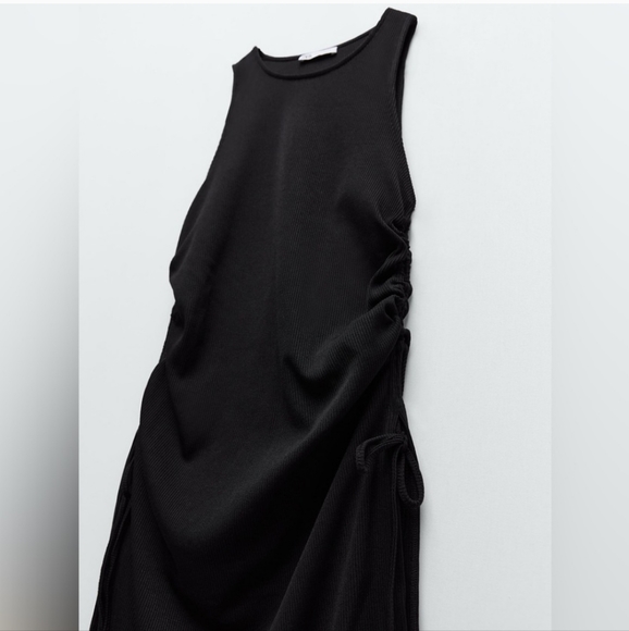Zara Black Ruched Tie Side Ribbed Dress Small - Picture 2 of 11